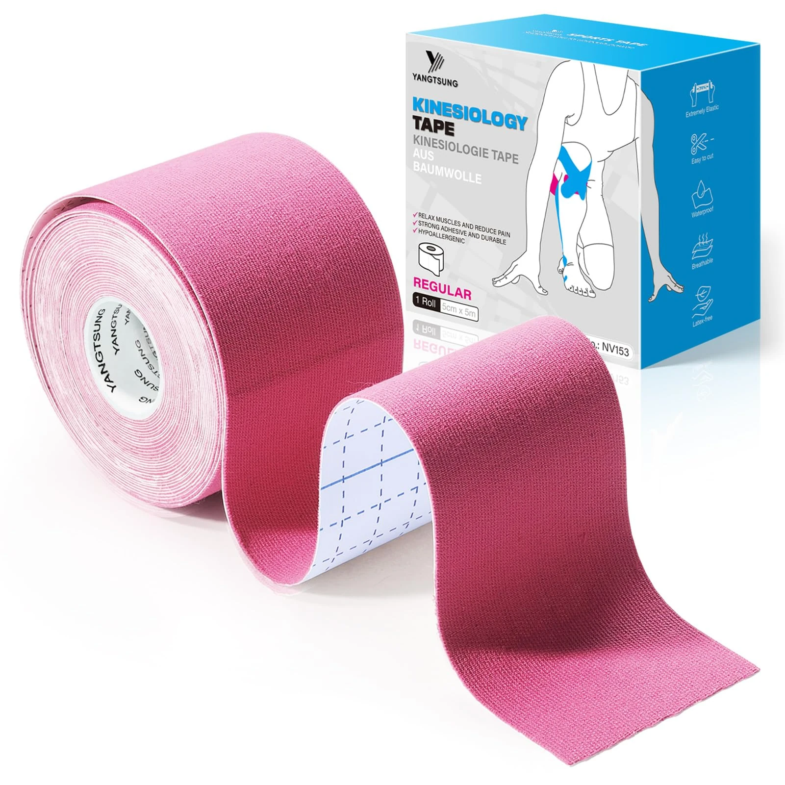 YANGTSUNG Kinesiology Tape, 5 m x 5 cm Waterproof & Hyopallergenic Kinetic Sports Tape for Shoulder, Knee, Ankle Shin Splints Support, Physio & Sports Injury Muscle Tape, Pink