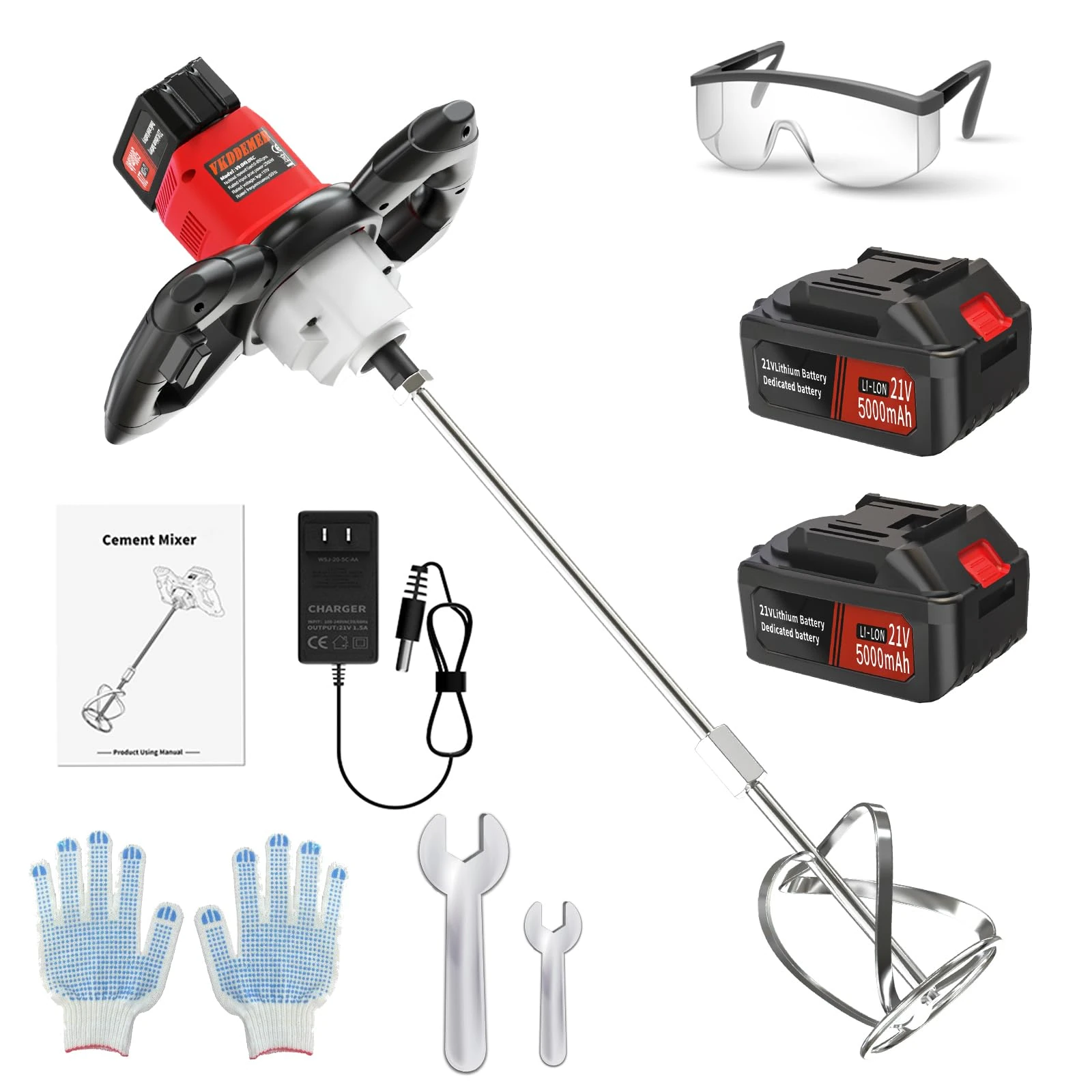 Vkdemer Cordless Cement Mixer,2300W Electric Concrete Mixer with 6 Speed，Handheld Mud Mixer with 2 PCS Rechargeable 5.0Ah Lithium Battery,for Mixing Mortar, Paint, Fodder