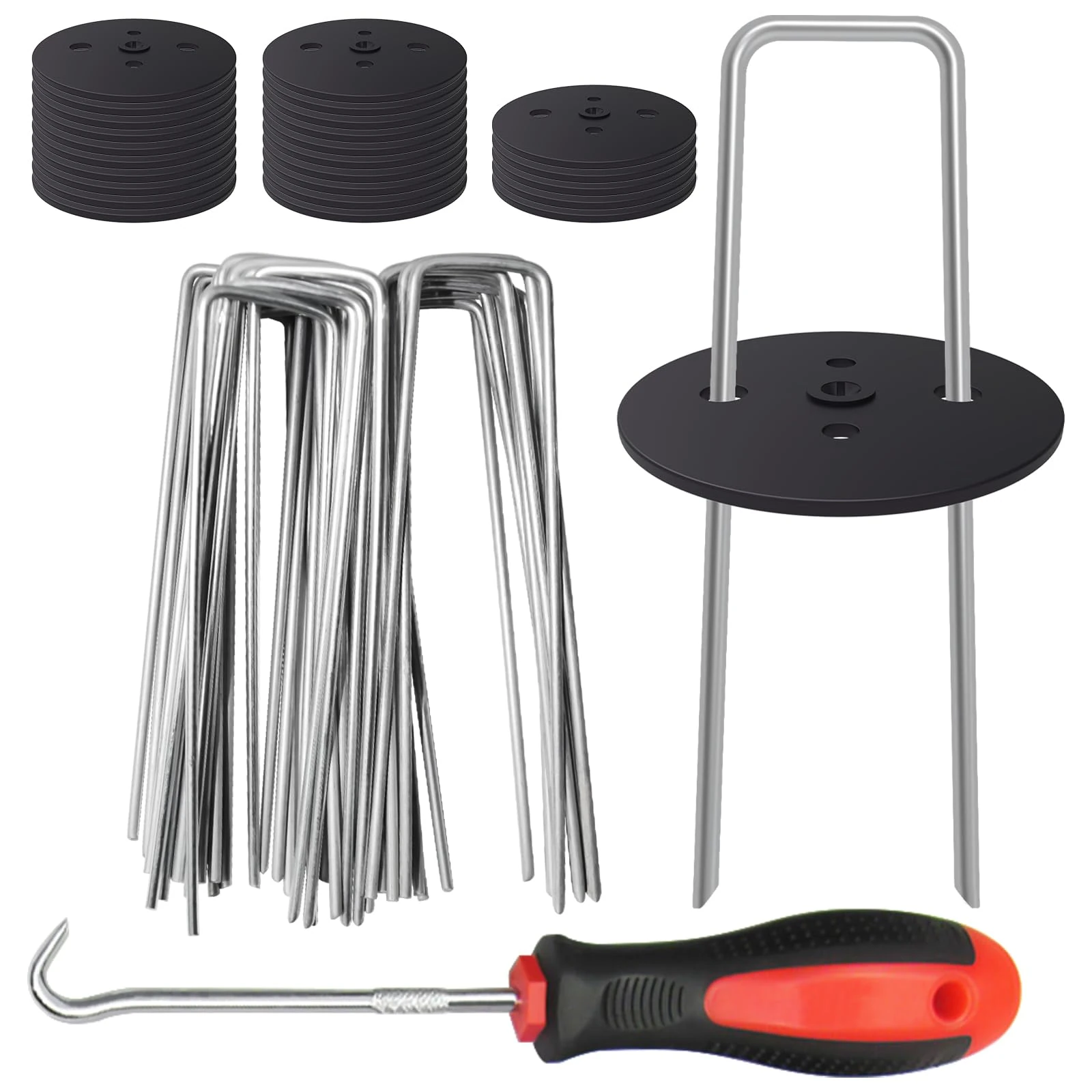25 Weed Control Membrane Pegs + 25 Buffer Washer, 6 Inch 11 Gauge Galvanized U-Shaped Metal Garden Landscape Staples Weed Mat Yard Ground Pins for Securing Weed Barrier Fabric，Artificial Turf