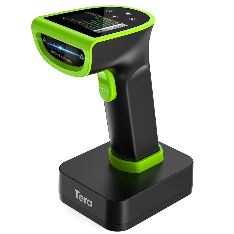 Tera Pro Barcode Scanner 1D 2D QR Wireless: with Digital Setting Screen & Keypad & Power Switch 2600mAh Large Battery Works with Bluetooth 2.4G Wireless Handheld Bar Code Reader HW0015 Green