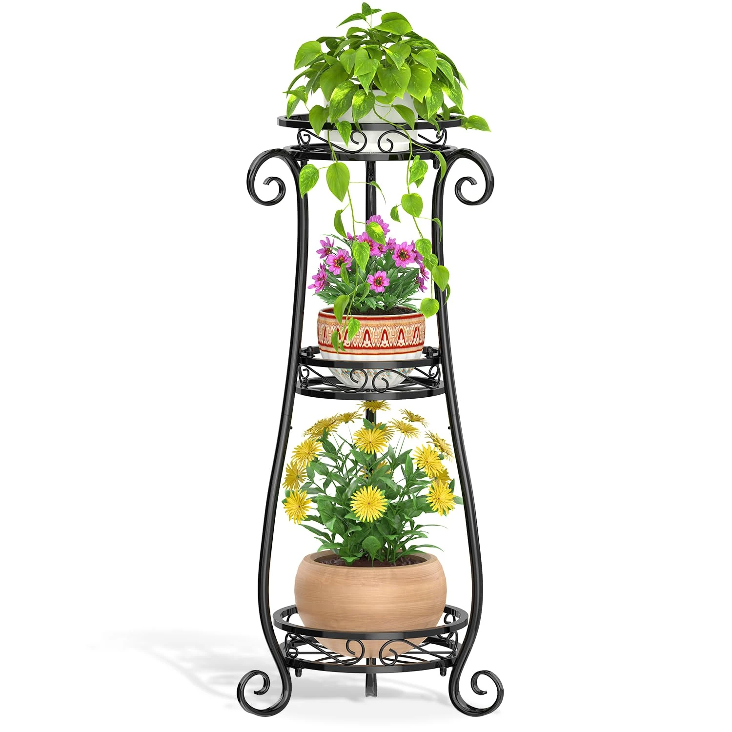 VASZOLA 3 Tier Black Metal Plant Stand for Multiple Large Planters Indoor Outdoor Organizer, Heavy Duty Tall Flower Stand for Corner Patio Bathroom Office, Modern Sturdy Vertical Iron Rack, Cat Proof