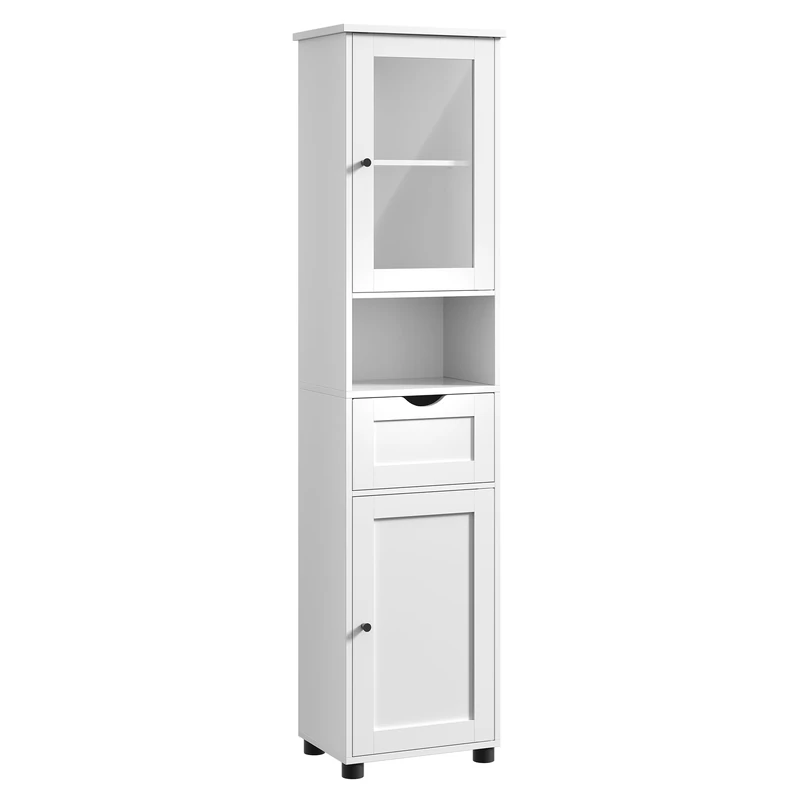 VASAGLE Tall Bathroom Cabinet Free Standing, Slim Bathroom Storage Cupboard, with Open Shelf, Glass Door, Water-Resistant Feet, Height Adjustable Shelves, Space-Saving, Cloud White BBK163W01
