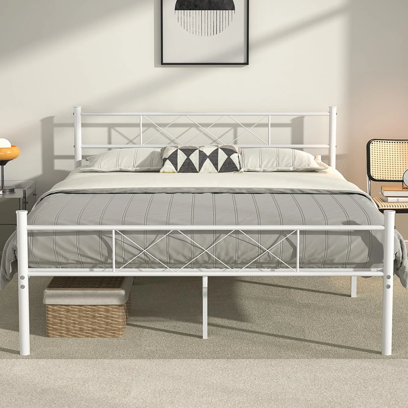 VECELO Double Size Platform Bed Frame with Headboard and Footboard, Heavy-Duty Mattress Foundation with Steel Slats Support, No Box Spring Needed/Easy Assembly, Pure White