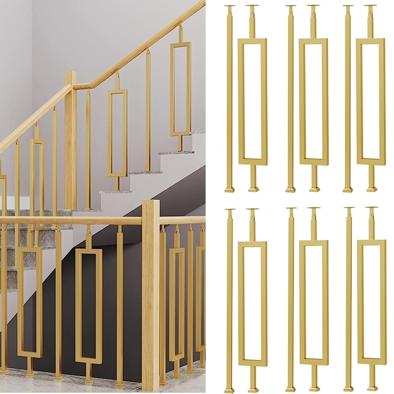 2 4 6 Packs Deck Balusters Square, Gold Stair Spindles With Flat Bracket And Screws Kits For Villas House Loft Office Buildings, Decorative Metal Balusters/ Indoor Fences, 29 32 Inch ( Color : 6 pcs G