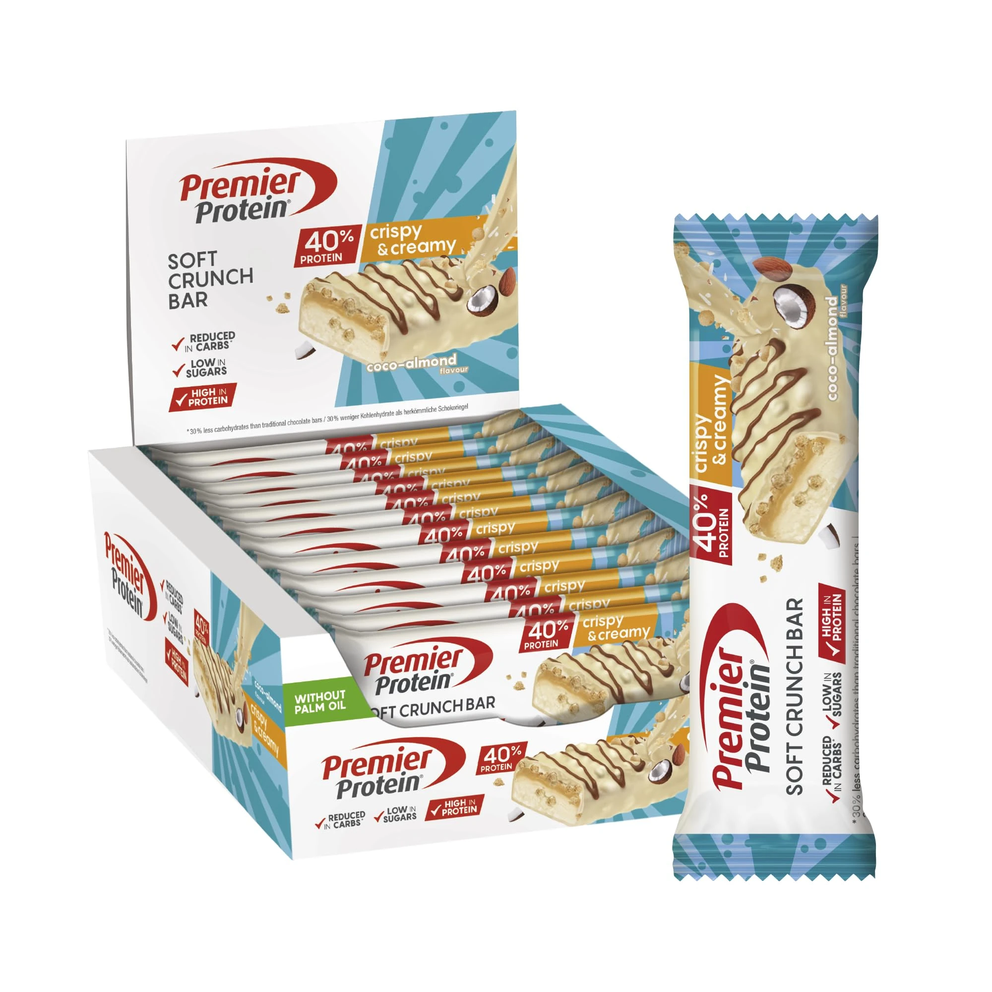 Premier Protein Soft Crunch Bar 40% Protein Coco-Almond 12x40g - High Protein Low Sugar + Low Carbohydrate + Palm Oil Free