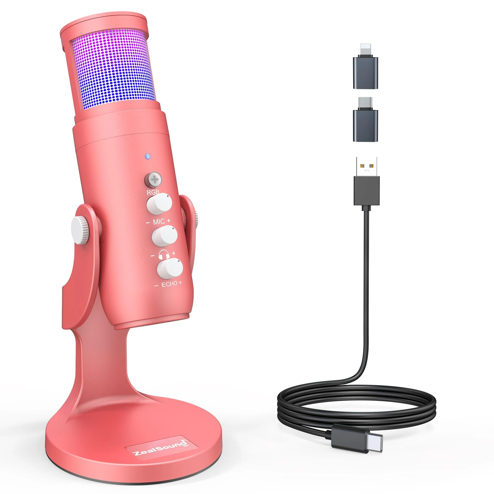 zealsound USB Microphone, Podcast Mic for iPhone, iPad, PC, Phone, PS5, with RGB light effects/Mute/Noise Reduce Mode/Echo/Gain, for Recording, Streaming, Gaming, Creator,YouTuber, TikTok, k68 Pink