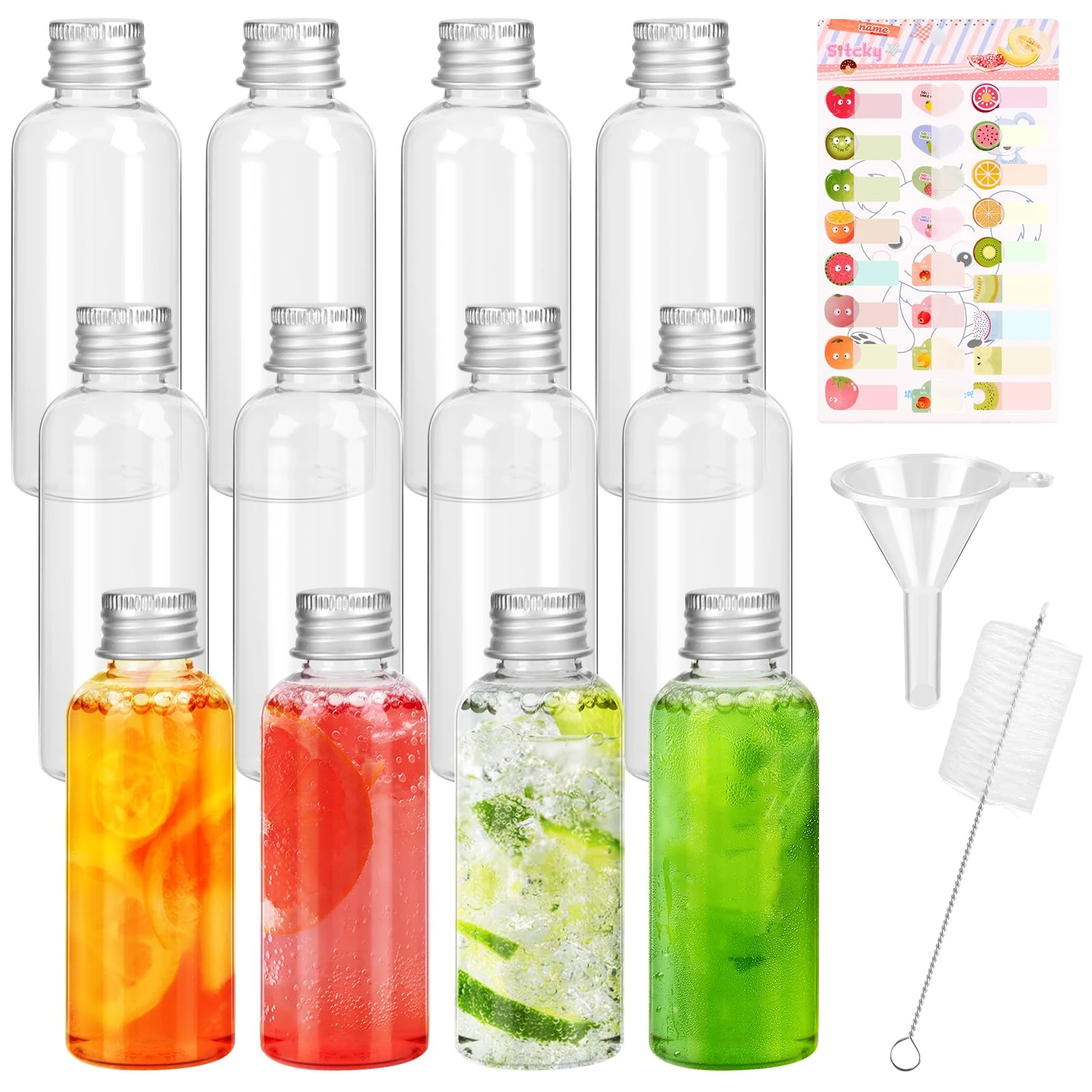 Mooshy 60ml Mini Plastic Bottles 12pcs Empty Spirit Shot Bottles With Silver Screw Caps for Alcohol Juices Water - Reusable Miniature