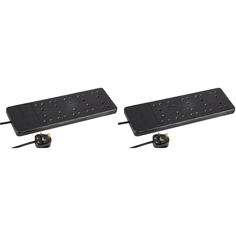 pro elec 1 m 10 Way 10 Gang Extension Lead with Integral Neon Indicator - Black (Pack of 2)