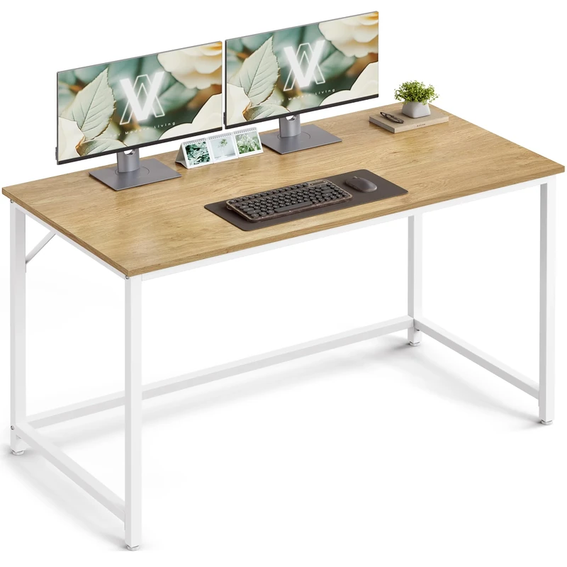 VASAGLE Computer Desk, Office Desk, 120 x 60 x 76 cm, for Study, Bedroom, Living Room, Metal Frame, Natural Oak and Pearl White LWD039W70