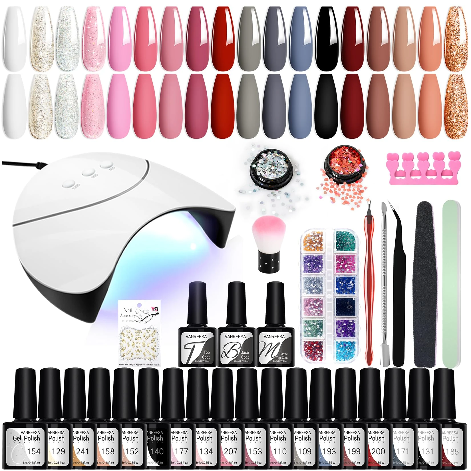 VANREESA Gel Nail Polish Set, 18 Colours Gel Nail Kit with 36W U V Lamp Classic Nude Pink Brown Dark U V Nail Polish Starter Set with Base and Top Coat Manicure Salon Kit DIY at Home Gifts for Women
