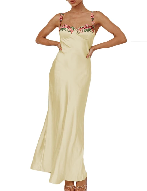 Realtix Sexy Satin Spaghetti Strap Floral Embroidered Maxi Dress for Women Sweetheart Neckline Backless Sleeveless Slit Midi Dress, Gooseyellow, S