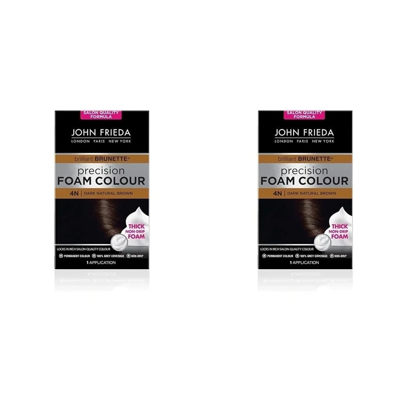John Frieda Precision Foam Colour 4N, Salon-Finish Dark Natural Brown Hair Dye, Dark Brown Permanent Hair Colour, 100% Grey Coverage (Pack of 2)