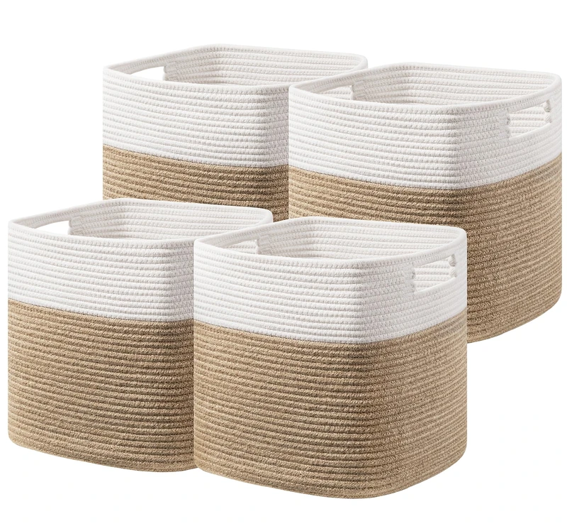 UBBCARE Set of 4 Storage Basket-13 X 13 X 13 in, Cotton Rope Basket for Shelves, Cube Storage Bins with Handles, Woven Storage Basket for Organizing, White & Jute