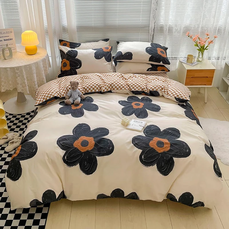 Houseri Black Sunflower Comforter Set California King 3D Floral Beige White and Black Brown Bedding Soft Comfy Comforter Cal King Size Women Modern Kawaii Flowers Plaid Dorm Bed Quilts