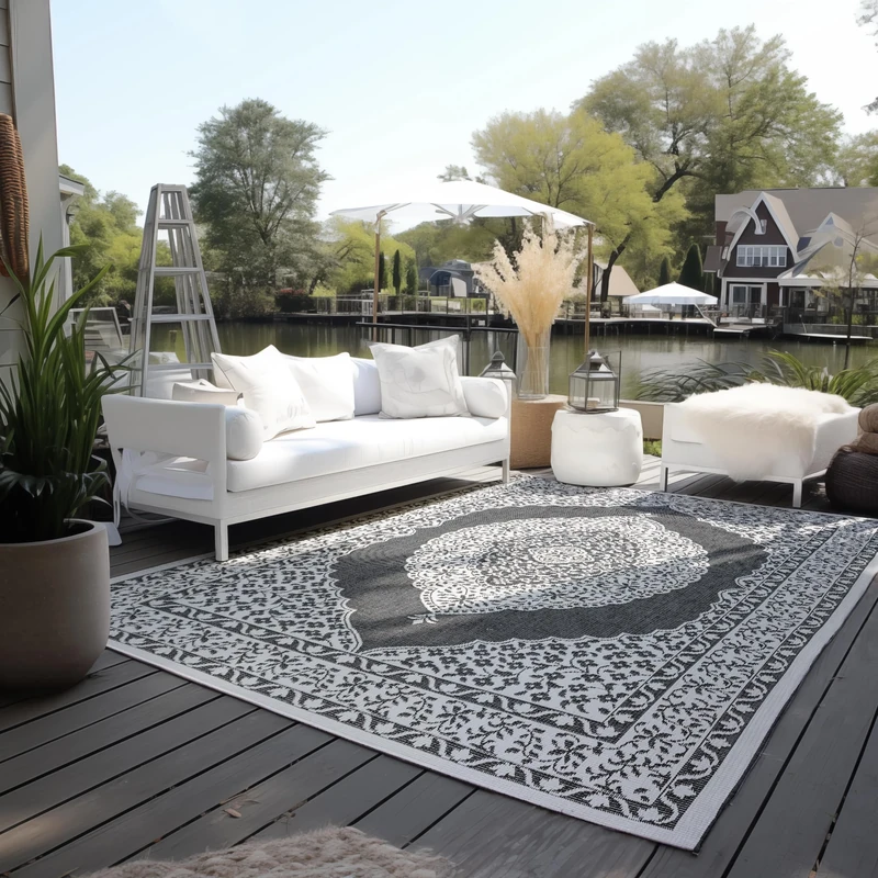 Elle Decoration Oriental Indoor and Outdoor Rug - Reversible Rug Weatherproof & Waterproof - Vintage Design Oriental Outdoor Rug for Garden, Balcony, Patio, Living Room - Black, 160 x 230 cm