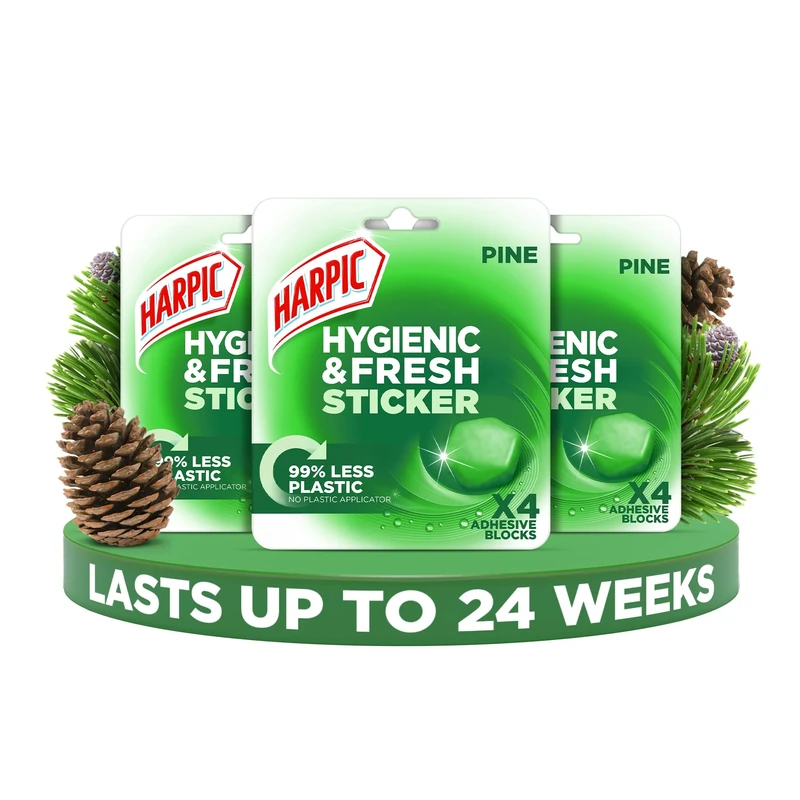 Harpic Hygienic Fresh Sticker Adhesive Toilet Block, Pine, Pack 3 x 4 Stickers, Toilet Freshener, No Plastic Applicator, Up to 24 weeks of Freshness