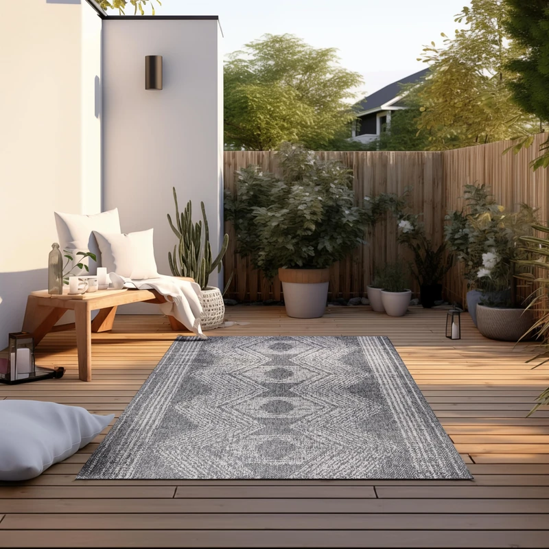 Elle Decoration Indoor and Outdoor Rug - Reversible Rug Weatherproof & Waterproof - Modern Boho Ethnic Pattern Geometric Outdoor Rug for Garden, Balcony, Patio, Living Room - Silver, 160 x 230 cm