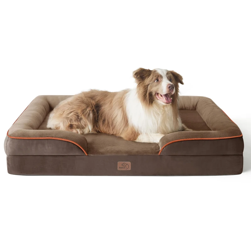 Bedsure Large Dog Bed Sofa - Washable Orthopedic Dog Beds and Couch with Removable Flannel Cover, Waterproof Dog Pillow with U-Shape Bolster, Brown Squre Pet Bed, 97x71x16cm