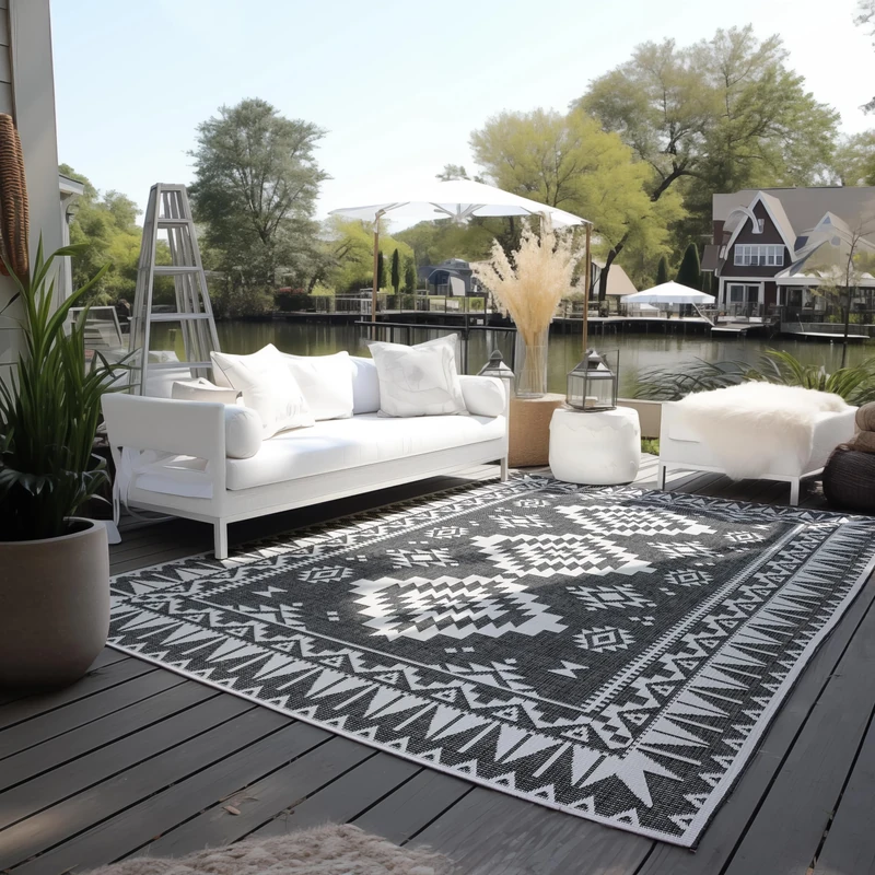 ELLE Decoration Indoor and Outdoor Rug - Reversible Rug Weatherproof & Waterproof - Modern Geometric Pattern Diamond Pattern Outdoor Rug for Garden, Balcony, Patio, Living Room - Black, 160 x 230 cm