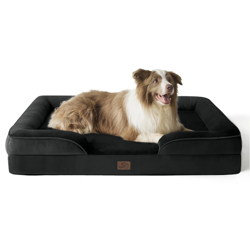 Bedsure Large Dog Bed Sofa - Washable Orthopedic Dog Beds and Couch with Removable Flannel Cover, Waterproof Dog Pillow with U-Shape Bolster, Black Squre Pet Bed, 97x71x16cm