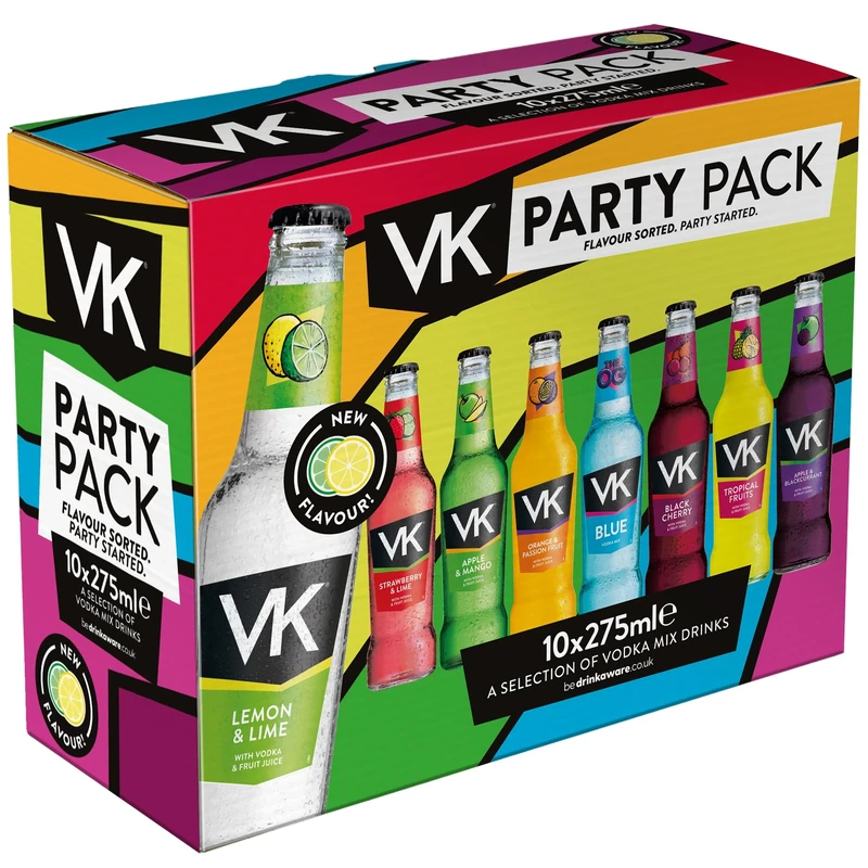 VK Party Pack 10 x 275ml | 3.4% ABV | Alcopops Party Pack | 10 Bottles | Vodka & Fruit Juice | Ready To Drink | Mixed Pack | Premixed Alcohol Drinks | Fruity Flavoured Sparkling Vodka Drinks |