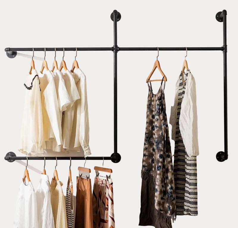 Industrial Pipe Clothing Rack Heavy Duty Wall Mounted Clothes Rack,Pipe Garment Rack Rail,Indoor Detachable Multi-Purpose Clothing Hanging Rod/Garment Bar, Black (3 hanging rods wall garment rack)