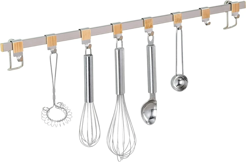 Avilia Kitchen Utensil Bar with 8 Hooks, Nickel-Plated Metal, 60 x 4 x 2.5 cm, Silver