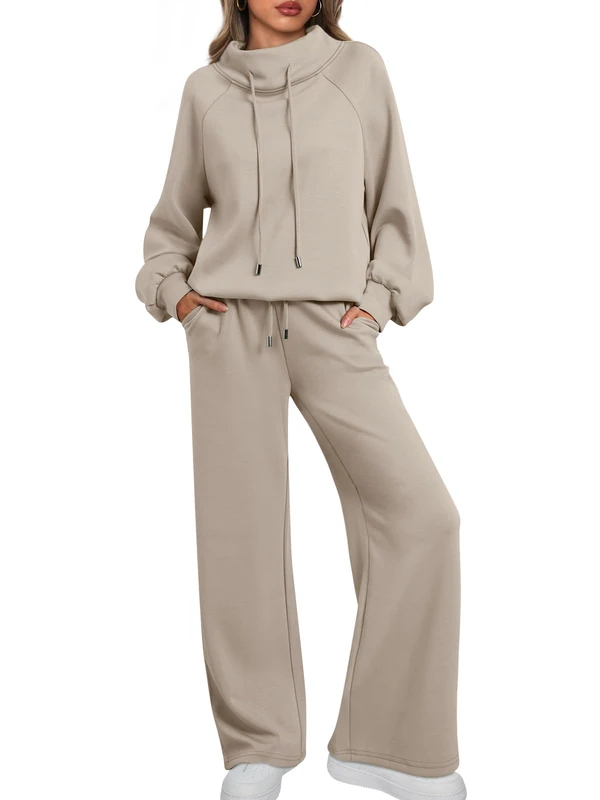 AUTOMET Lounge Sets for Women Sweatsuits 2 Piece Outfits 2025 Fall Drawstring Sweatshirt Wide Leg Sweatpants Tracksuit, Khaki, Small