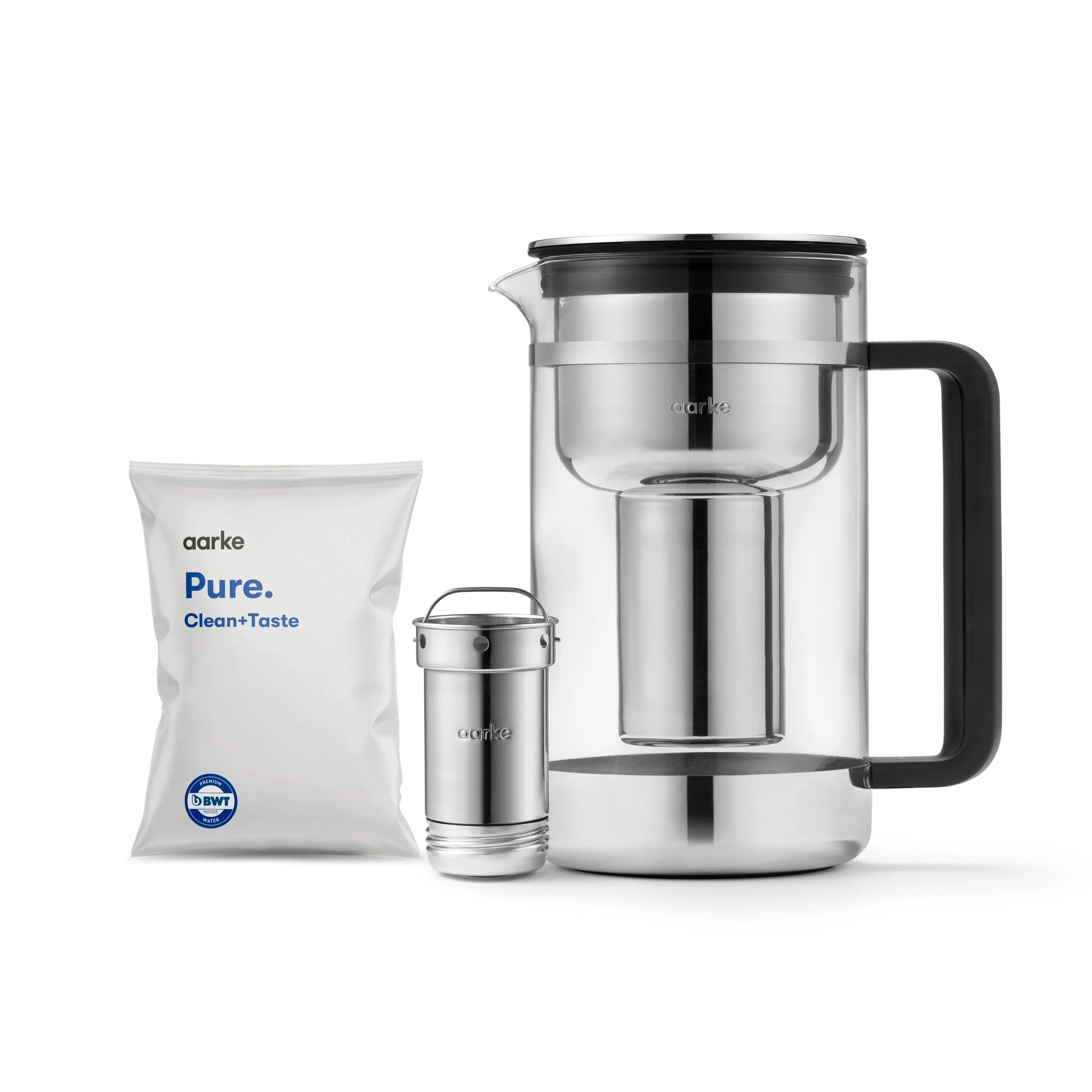 Aarke Purifier Large, Water Filter Jug in Glass and Stainless Steel, 1.7L / 7 Cups, Includes Aarke Pure Filter Refill Bag
