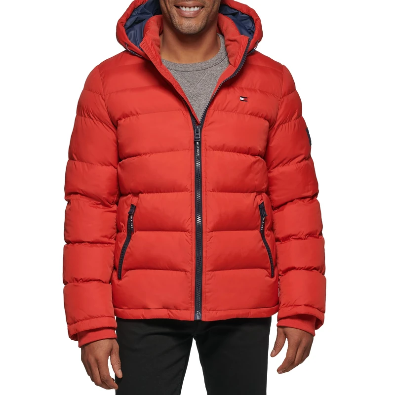 Tommy Hilfiger Men's Hooded Puffer Jacket, Orange Burst, XXL