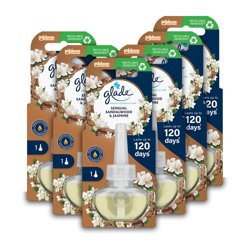 Glade Plug in Air Freshener Refill, Electric Scented Oil Room Air Freshener, Sandalwood & Jasmine, Pack of 6 (6 x 20ml)