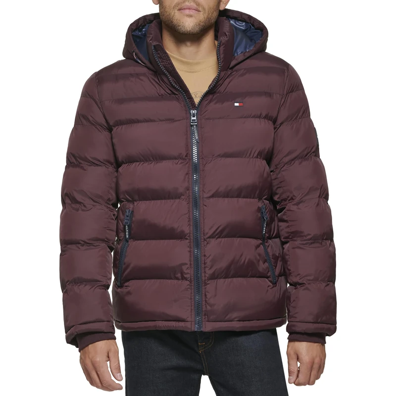 Tommy Hilfiger Men's Hooded Puffer Jacket (Standard and Big & Tall) Down Alternative Coat, Port, XL