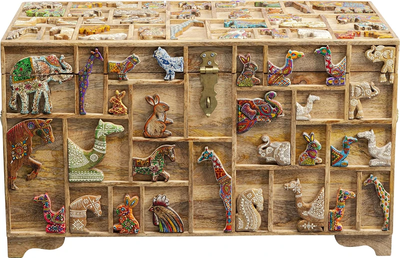 Kare Zoo Design Chest 47 x 81 x 42 cm, Multicoloured, Cabinet, Storage, Carved, Animal Motif, Ornaments, Mango Solid Wood Body, Living Room