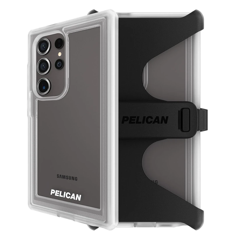 Pelican Voyager - Samsung Galaxy S24 Ultra Case [6.8”] [18ft MIL-STD Drop Protection] [Wireless Charging] Rugged Phone Case for Samsung Galaxy S24 Ultra w/Belt Clip Holster Stand - Anti Yellow - Clear