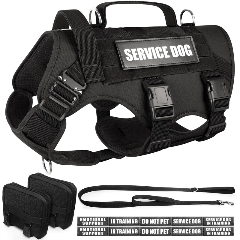 WINSEE Tactical Dog Harness with Dog Leash, Service Working MOLLE Vest with 10 Pet Patches for Medium Dog, No Pull Military Harness and Backpack for Training Hunting Walking