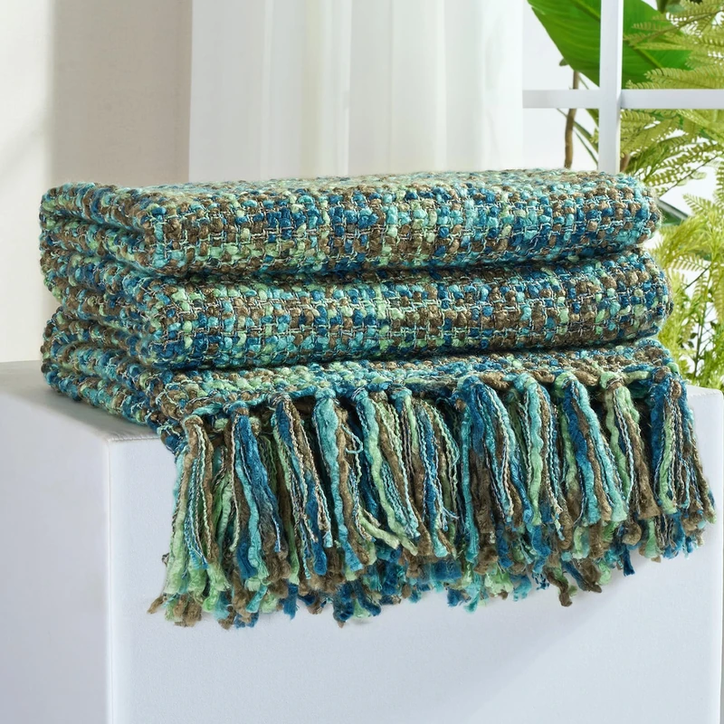 GINAMUSE Multi-Color Green Cable Knitted Throw Blanket for Couch,60"X80" Boho Style Textured Blankets for Home Decor,Super Soft Warm Cozy Chunky Knit Blanket with Decorative Tassels for Bed and Sofa
