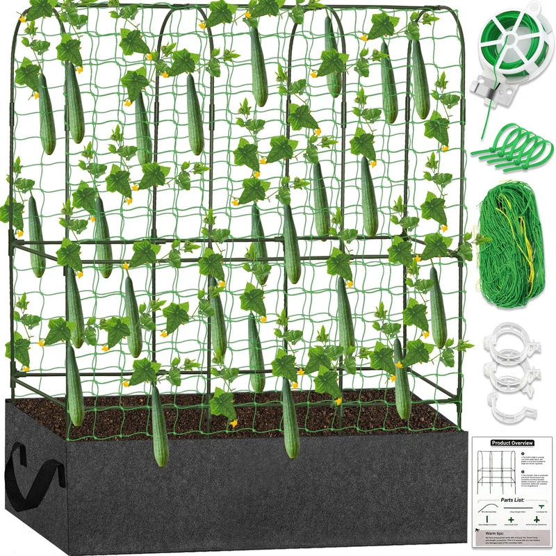 Garden Cucumber Trellis for Outdoor Climbing Plants, Update Large Metal Garden Trellis with Grow Bag, Nylon Garden Netting for Raised Bed, Vegetables, Pumpkin, Zucchini, Fruit, Flowers