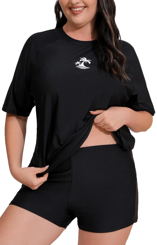 JOYBIK Women's Plus Size Two Piece Short Sleeve Rash Guard Sets with Built in Bra UPF50+ Swim Shirt Top and Shorts, Black, 1x