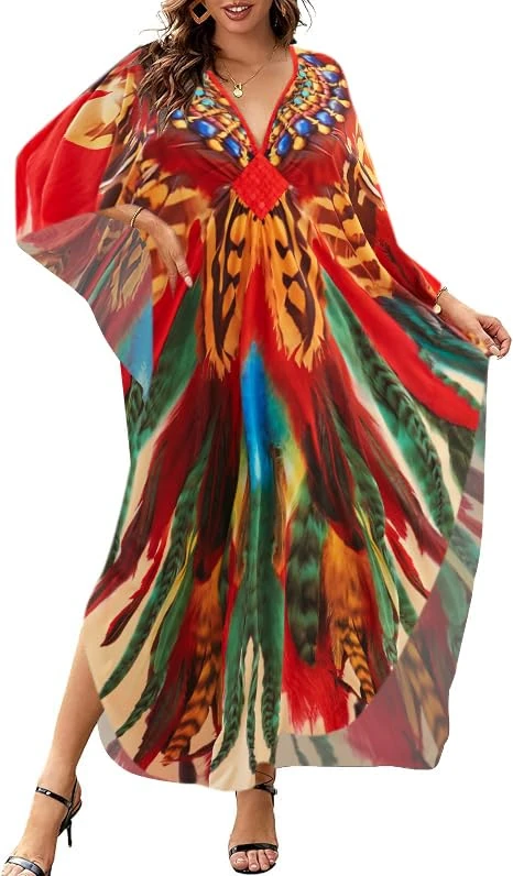 Bsubseach Kaftan Dresses for Women Plus Size Caftans Long Beach Swimsuit Cover Up Summer Loungewear Colored Feathers