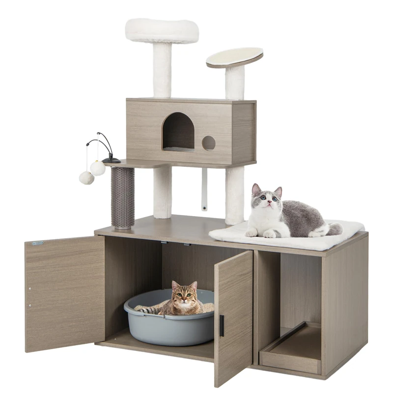 GYMAX Cat Tree with Litter Box Enclosure, All-in-one Cat Tower with Condos, Top Perch, Sisal Posts, Scratching Board, Ramp, Platform & Dangling Balls, Wooden Cat House Furniture (95x55x132cm)