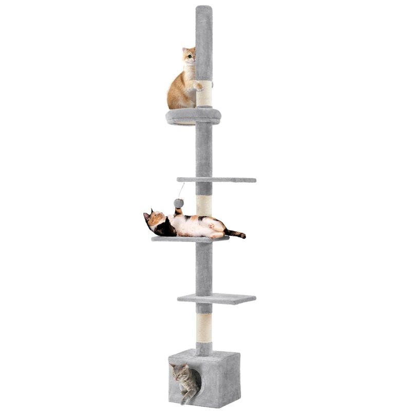Yaheetech Floor To Ceiling Cat Tree Tower, 5-Tier Cat Scratching Posts with Adjustable Height (226-265.5cm), Tall Kitten Climbing Frame with Cozy Condo and Platforms, Light Grey