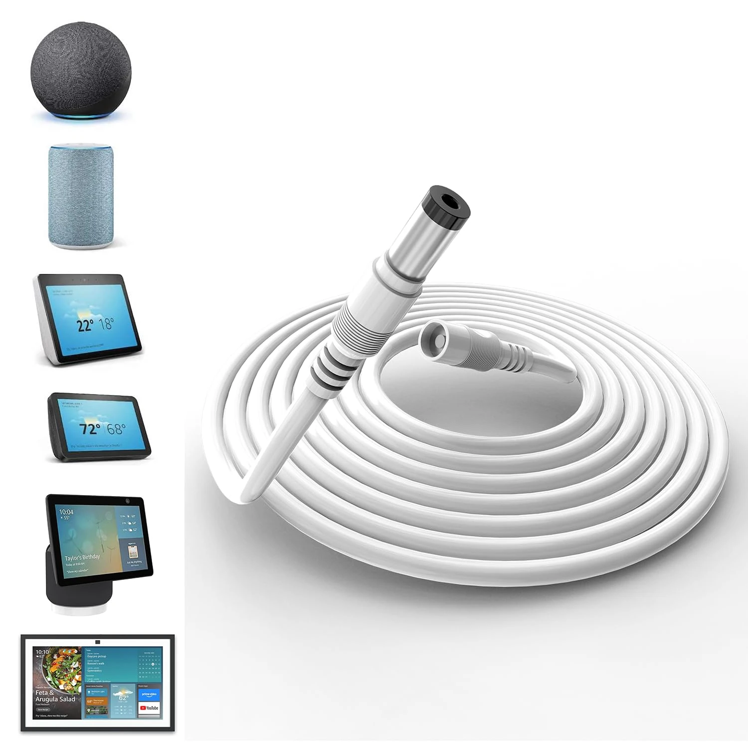 Tonton 30W DC Extension Cable 5M/16.5FT for Echo Devices, Compatible with Echo Show 15, Echo Show 10(3rd Gen), Echo Show 8, Echo (3rd/4th Gen), Echo Show(2nd Gen), Echo Plus(2nd Gen), White