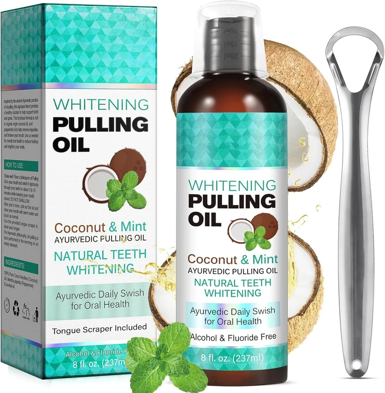 Coconut Pulling Oil (8 Fl.Oz), Mint Mouthwash with Tongue Scraper - Natural, Alcohol Free Coconut Oil Pulling for Teeth to Help with Fresh Breath, Teeth Whitening and Healthier Teeth & Gum