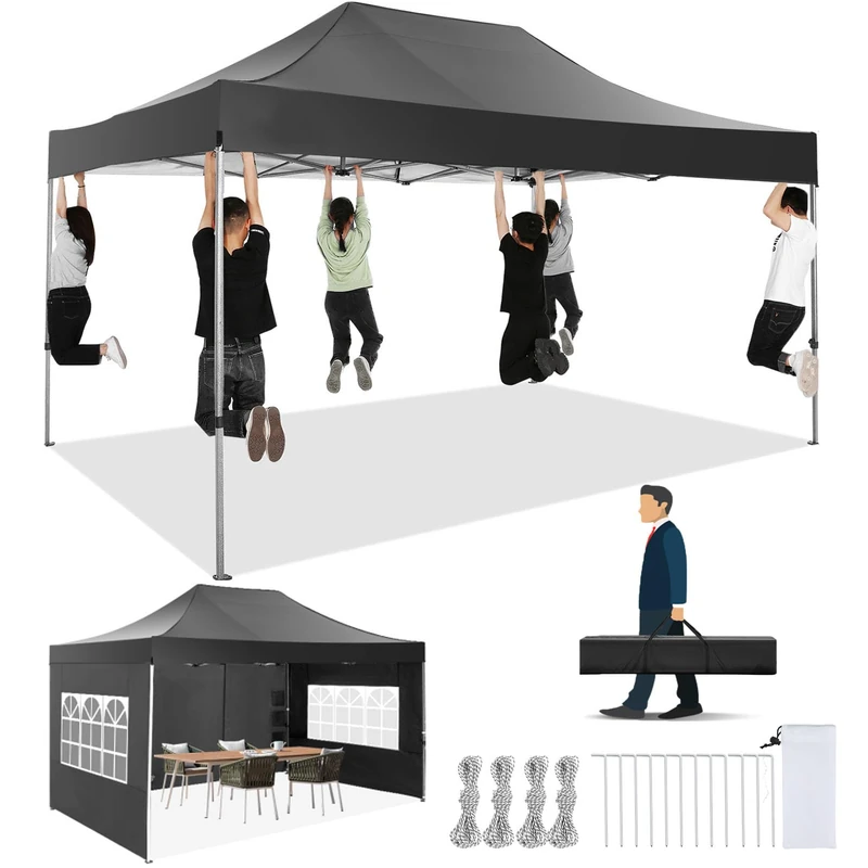 TOOLUCK Folding Gazebo 3x4.5 with 4 Side Panels, Waterproof, Stable, Foldable, Outdoor, UV Protection 50+, Black