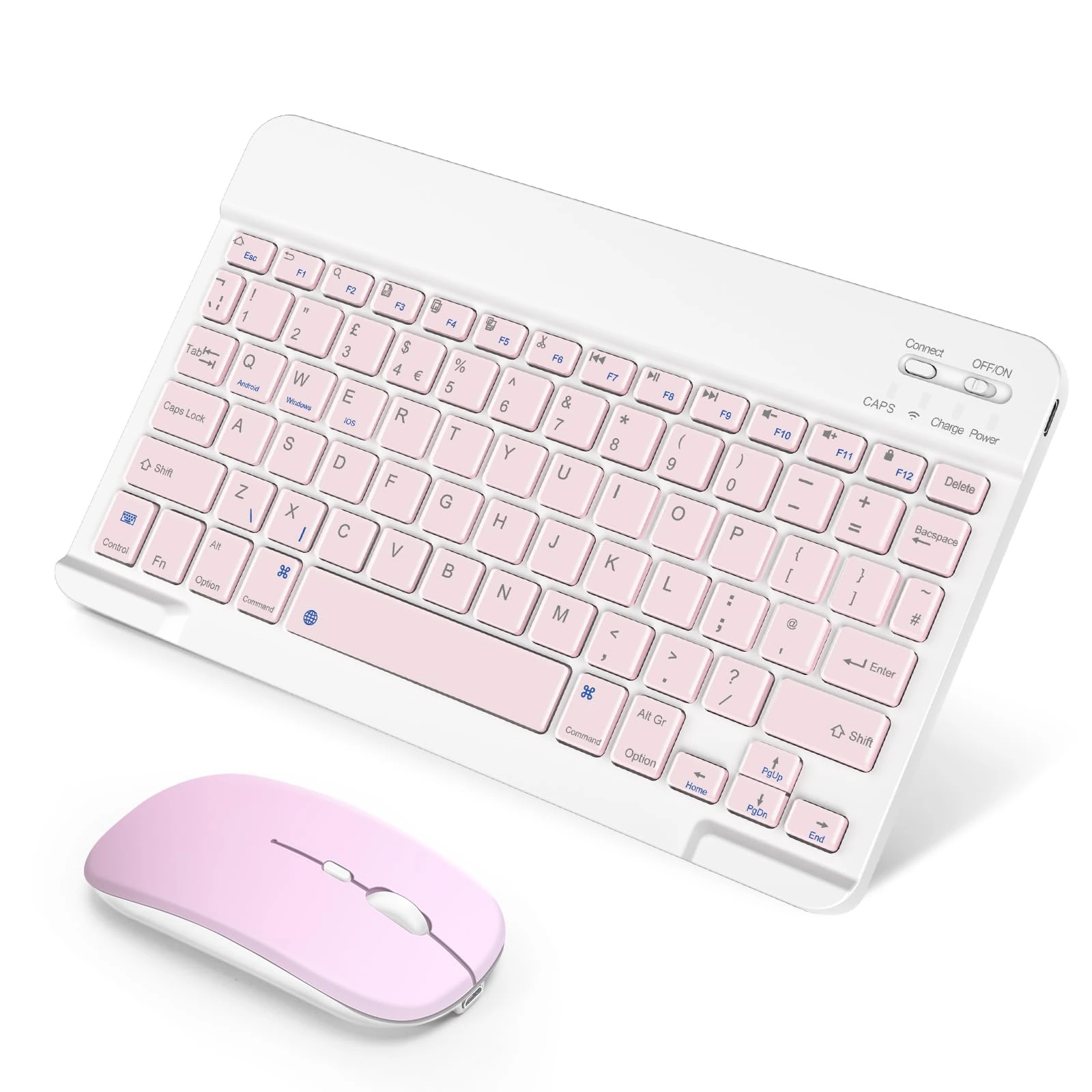 SOPPY Portable Bluetooth Keyboard and Mouse, Rechargeable Mini Keyboard, Wireless Keyboards for iPad 9.7/10.2/iPad Air/Pro/Tablets/iOS/Android/Windows, UK Layout (Pink)