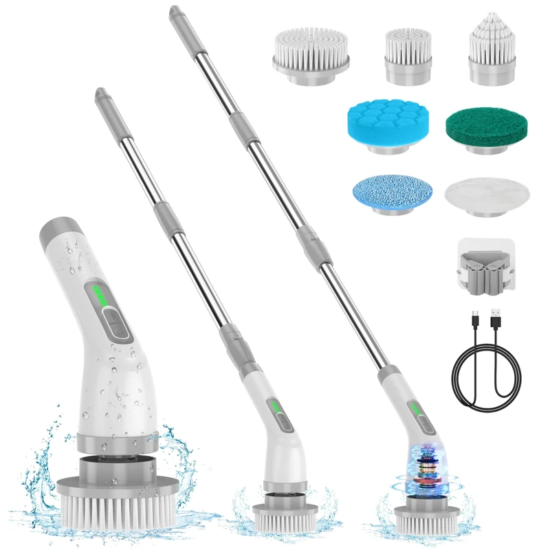 Electric Spin Scrubber, Upgrade 7 in 1 Electric Cleaning Brush,420RPM Powerful Cleaning, 1.5H Bathroom Scrubber Dual Speed with Extension Arm for Kitchen, Car, Tile, Wall, Floor, Shower