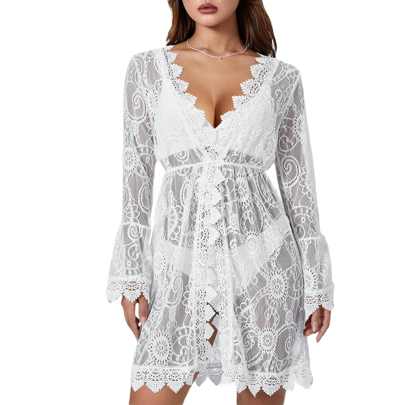 Edhomenn Women Crochet Bikini Cover Ups Lace Hollow Floral Print Bathing Suit Long Sleeve V Neck Summer Beach Dress Swimwear (01 White, L)