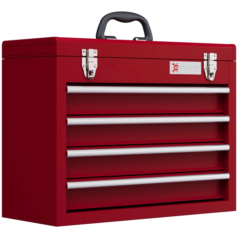 DURHAND 4 Drawer Tool Chest, Lockable Metal Tool Box with Ball Bearing Runners, Portable Toolbox, 510mm x 220mm x 395mm, Red
