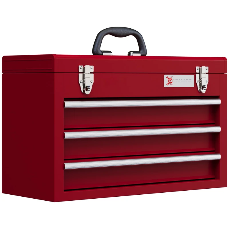 DURHAND 3 Drawer Metal Tool Chest - Portable Red Toolbox