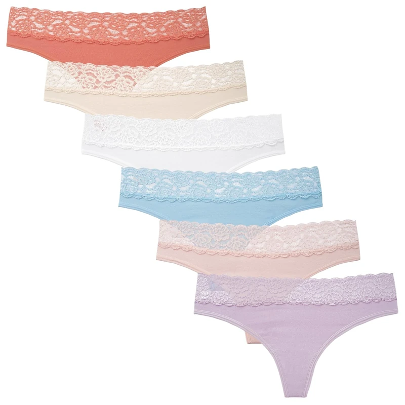 INNERSY Lace Thongs for Women Cotton Ladies Tanga Knickers Sexy G Strings Panties Multipack 6 (12, Pastel Colours)